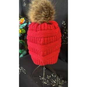Red Cable Knit Beanie Hat with Faux Fur Pom Pom Winter Ribbed Skull Cap